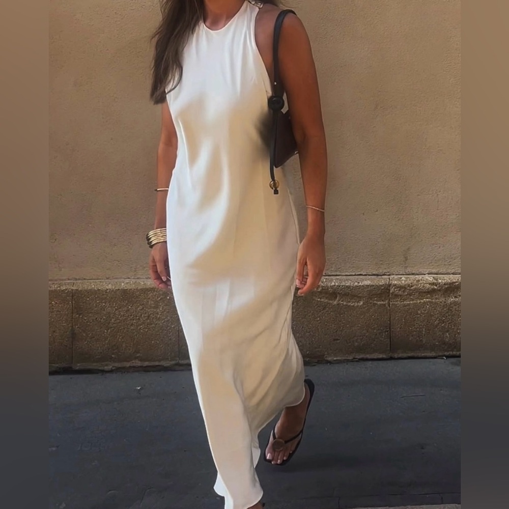 ZARA Ecru Satin Effect Midi goddess dress Open Twist Back Small NEW - Picture 3 of 11
